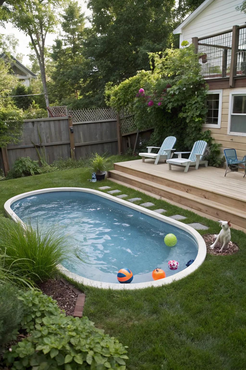 A gentle slope makes this wading pool pet-friendly, perfect for furry friends.