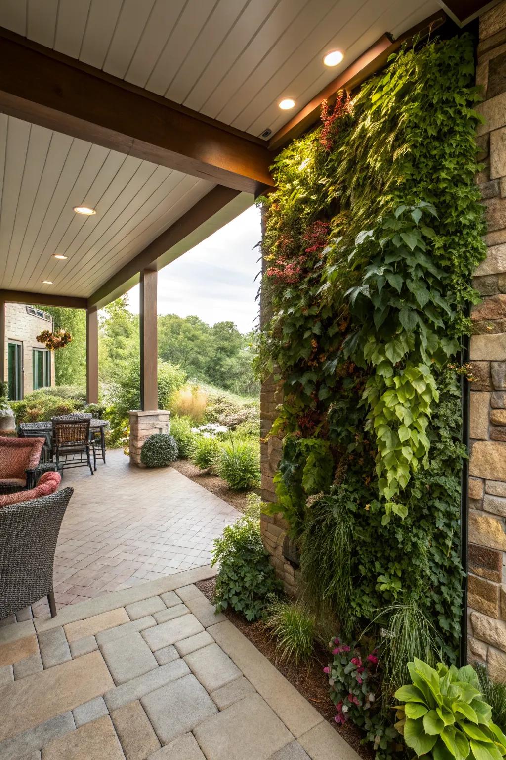 Vertical gardens add lush greenery and maximize space on a walkout basement patio.