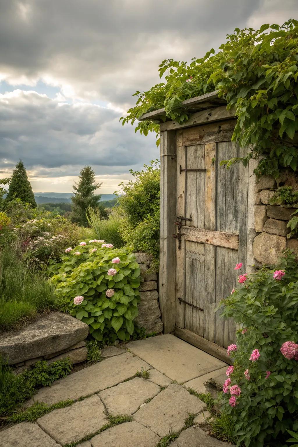 Weathered wood adds rustic charm and warmth to the basement entrance.