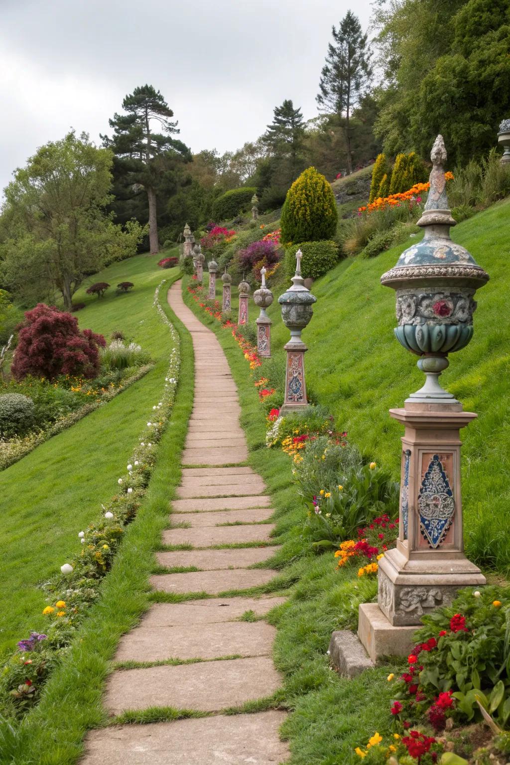 Sculptures along a path add interest and personal flair.