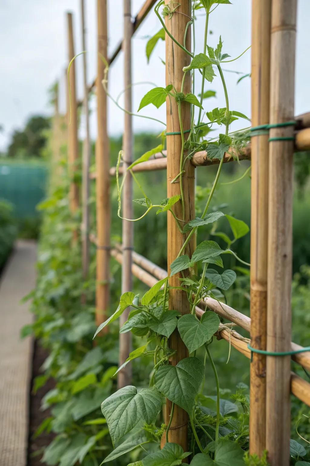 Bamboo poles lend an exotic feel to vertical gardening.