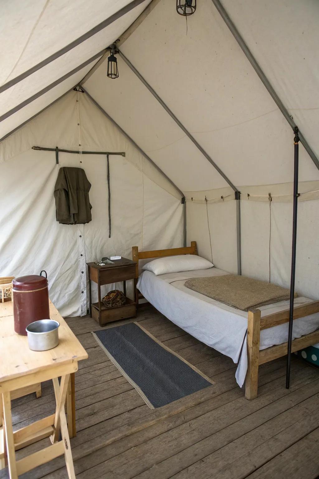 A minimalist approach maximizes space and serenity in this wall tent.
