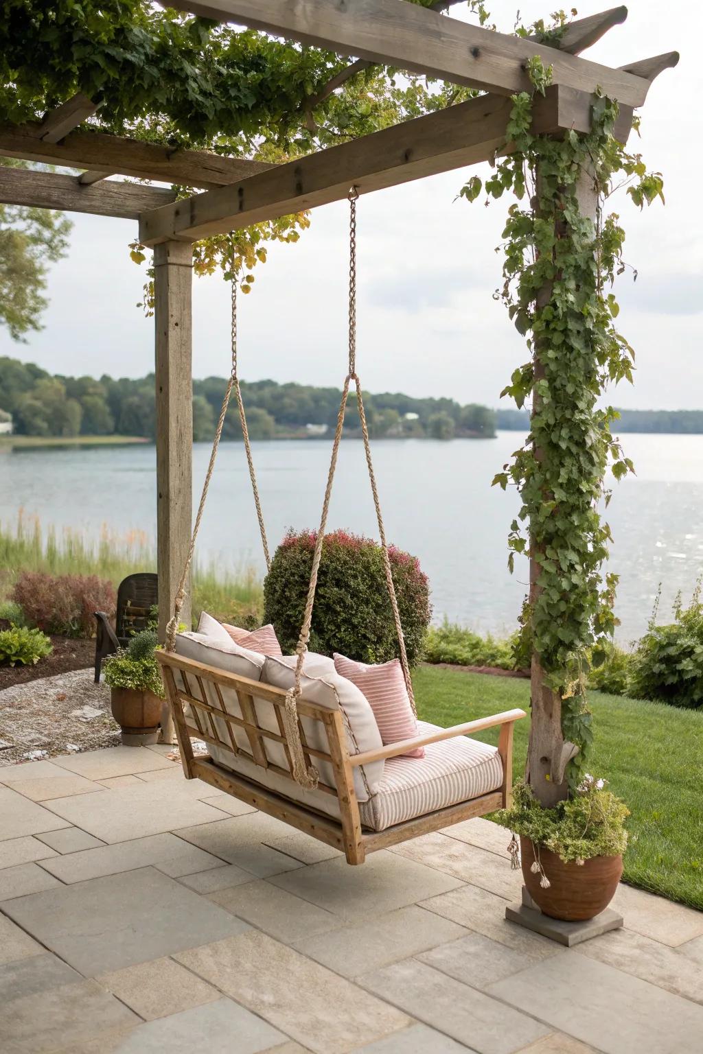 A swing chair adds a playful and relaxing element to the patio.