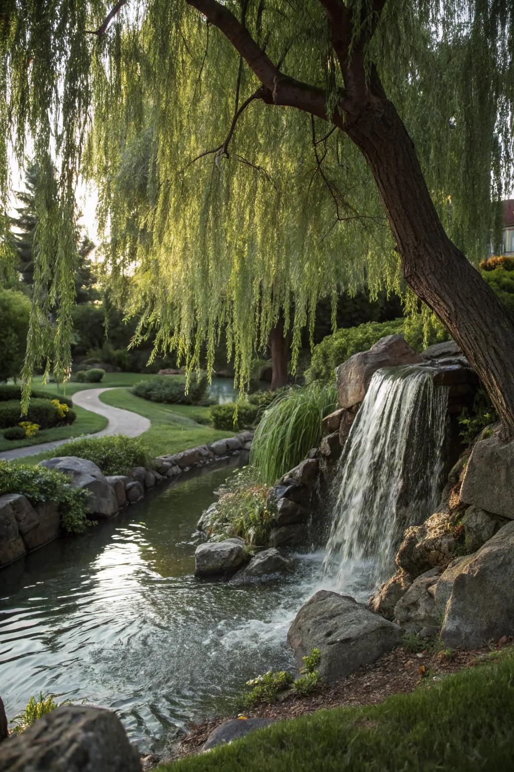 A willow and waterfall duo enhances your garden's serenity.