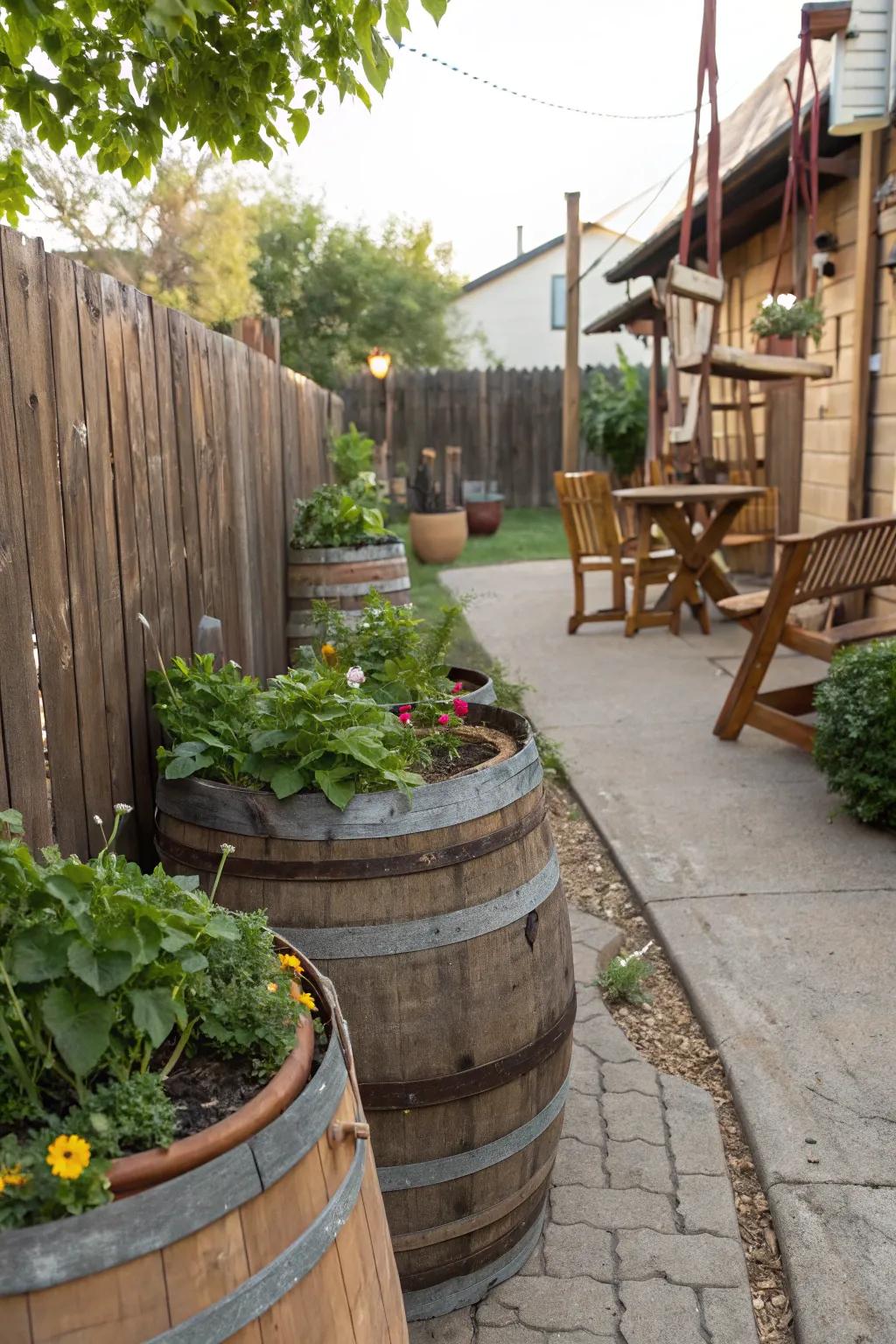 Whiskey barrel planters add height and rustic charm.