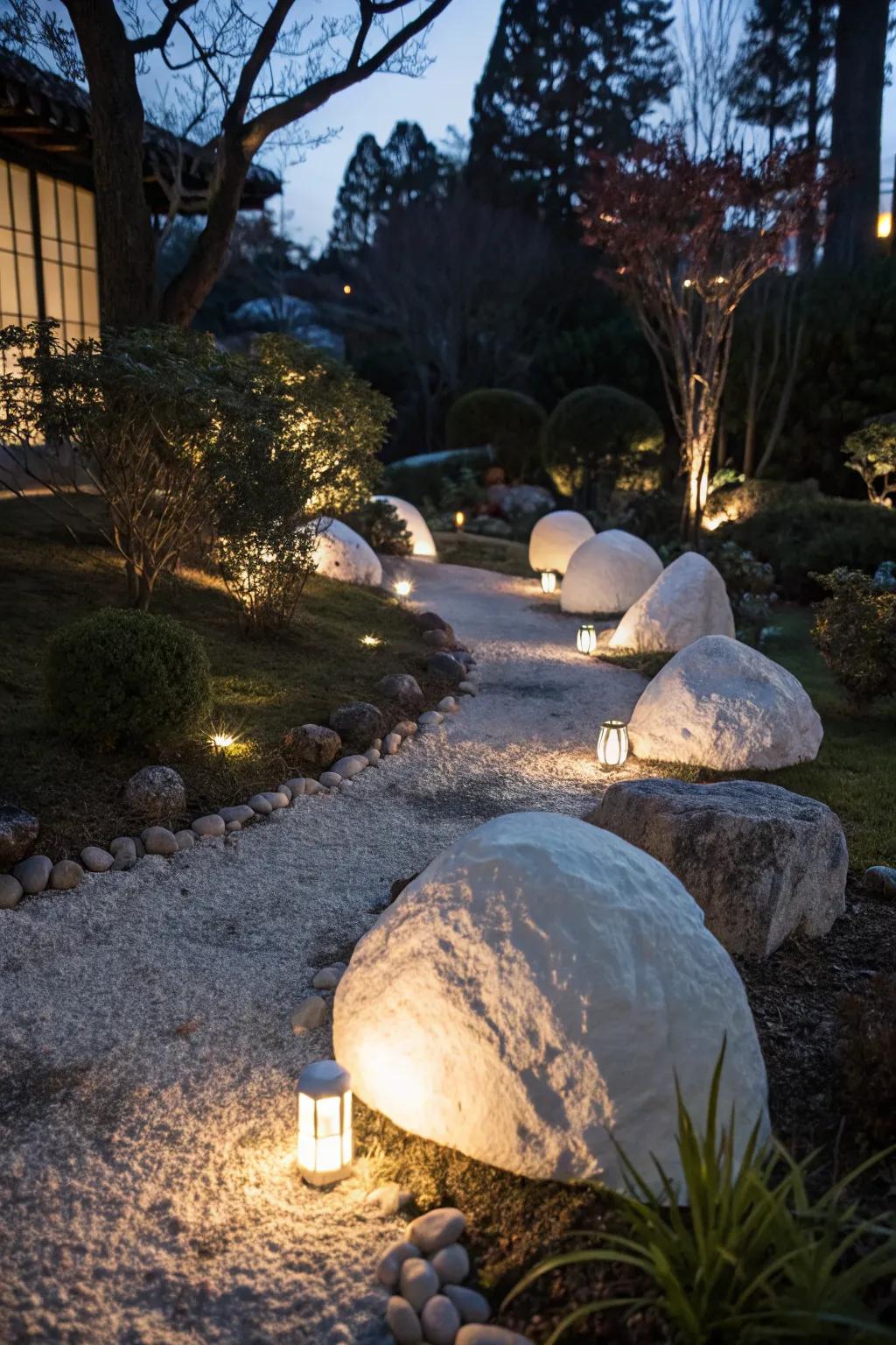 Enhance your garden with lighting that highlights white rocks beautifully.