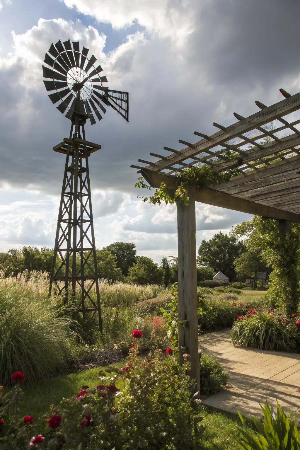 Dramatic windmill-inspired pergola for a bold garden statement.