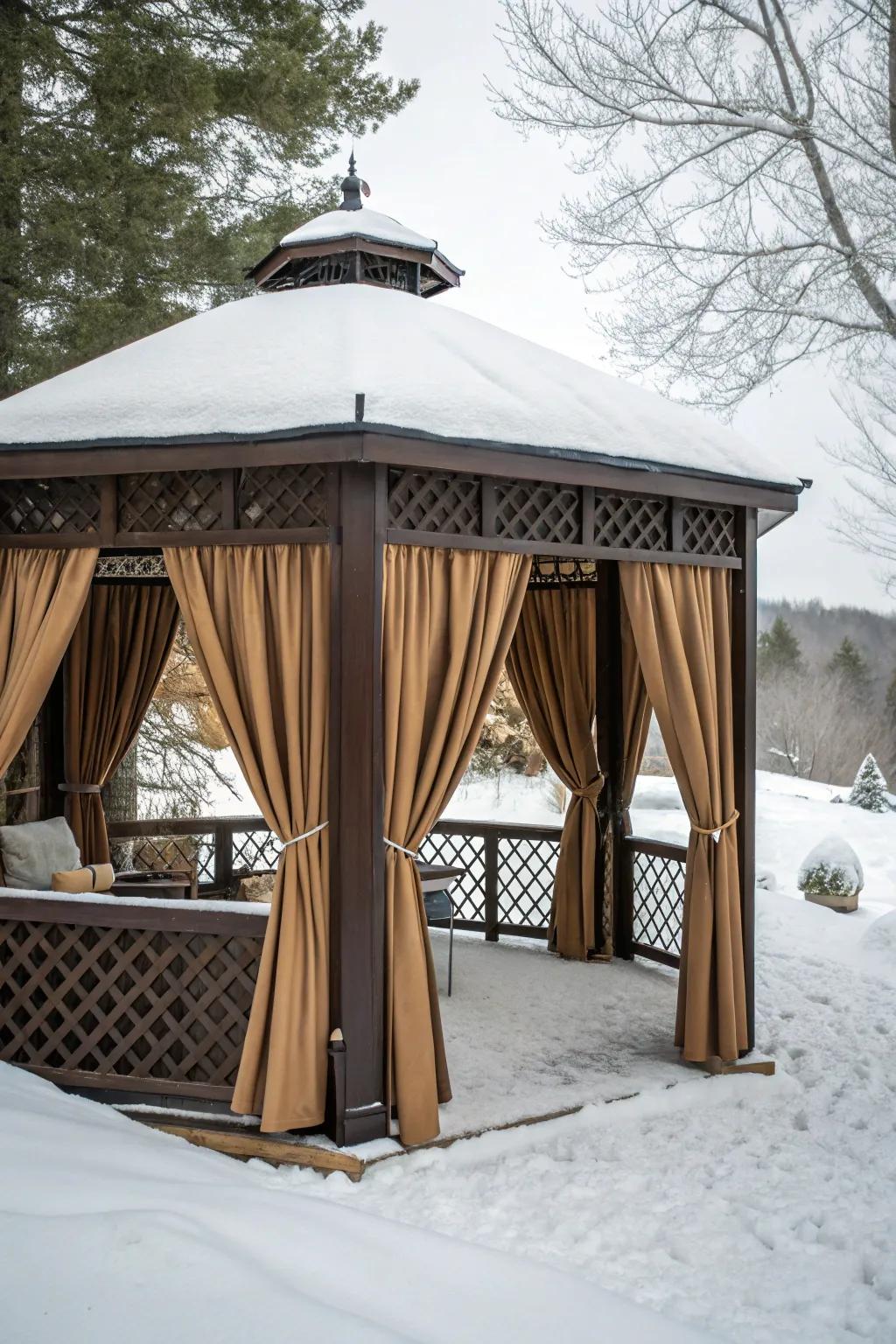 Weatherproof curtains enhance privacy and warmth in your gazebo.