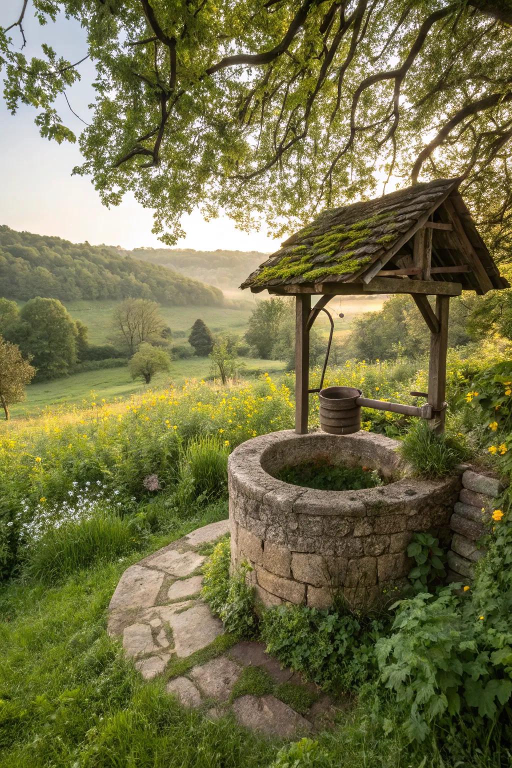 Natural materials help wishing wells blend into the landscape.