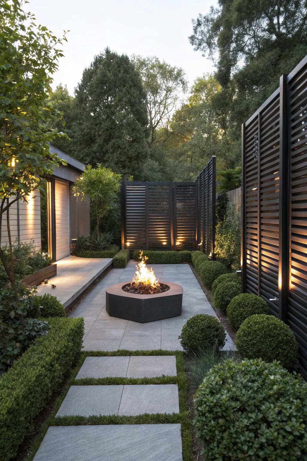 Privacy screens create a secluded and intimate fire pit area.