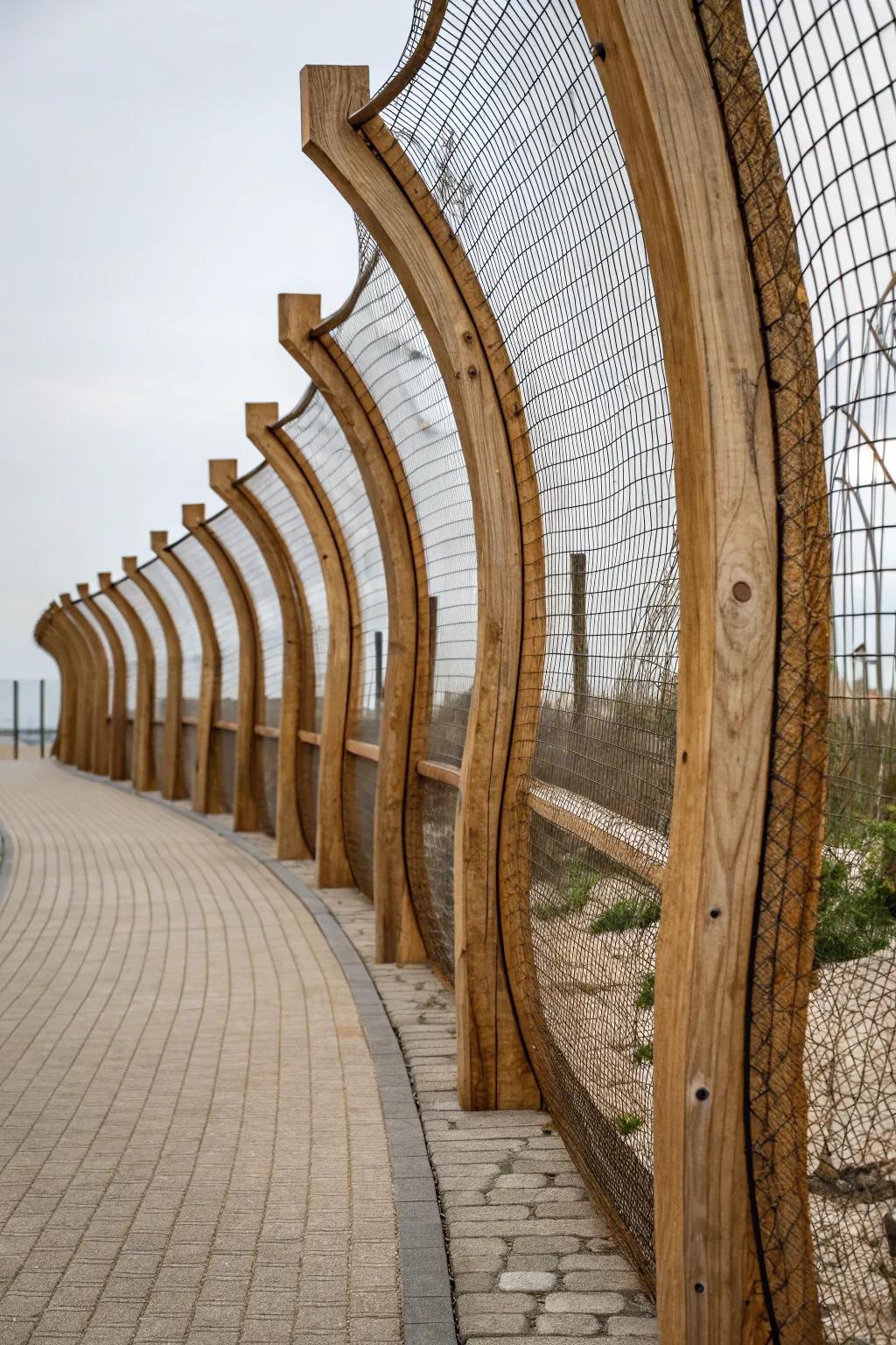 Sculptural wood and wire mesh fence adding dynamic elegance to the garden.