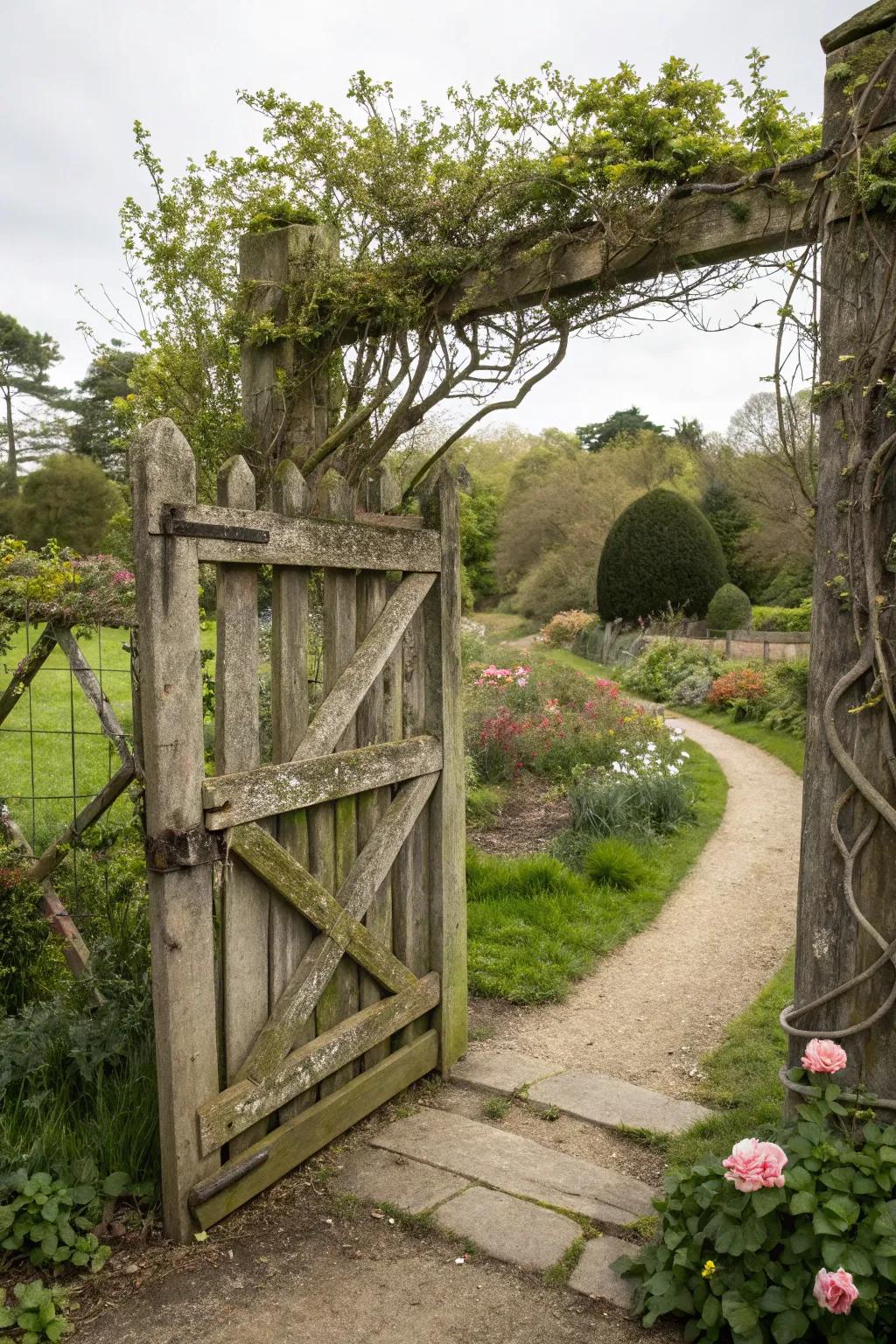 A wooden gate with a criss-cross pattern, adding rustic charm to the garden.