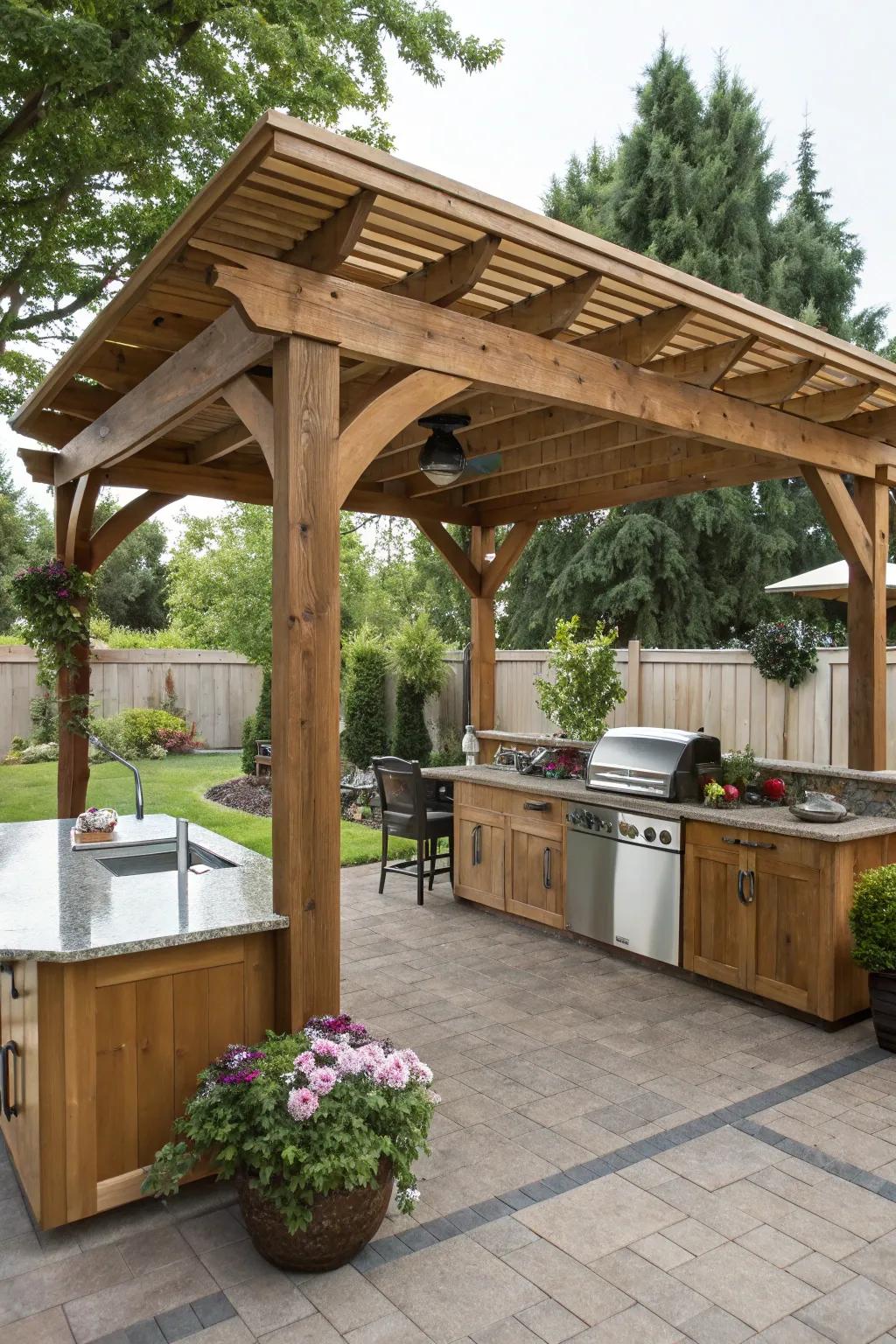 Wood covers make outdoor kitchens functional and stylish.