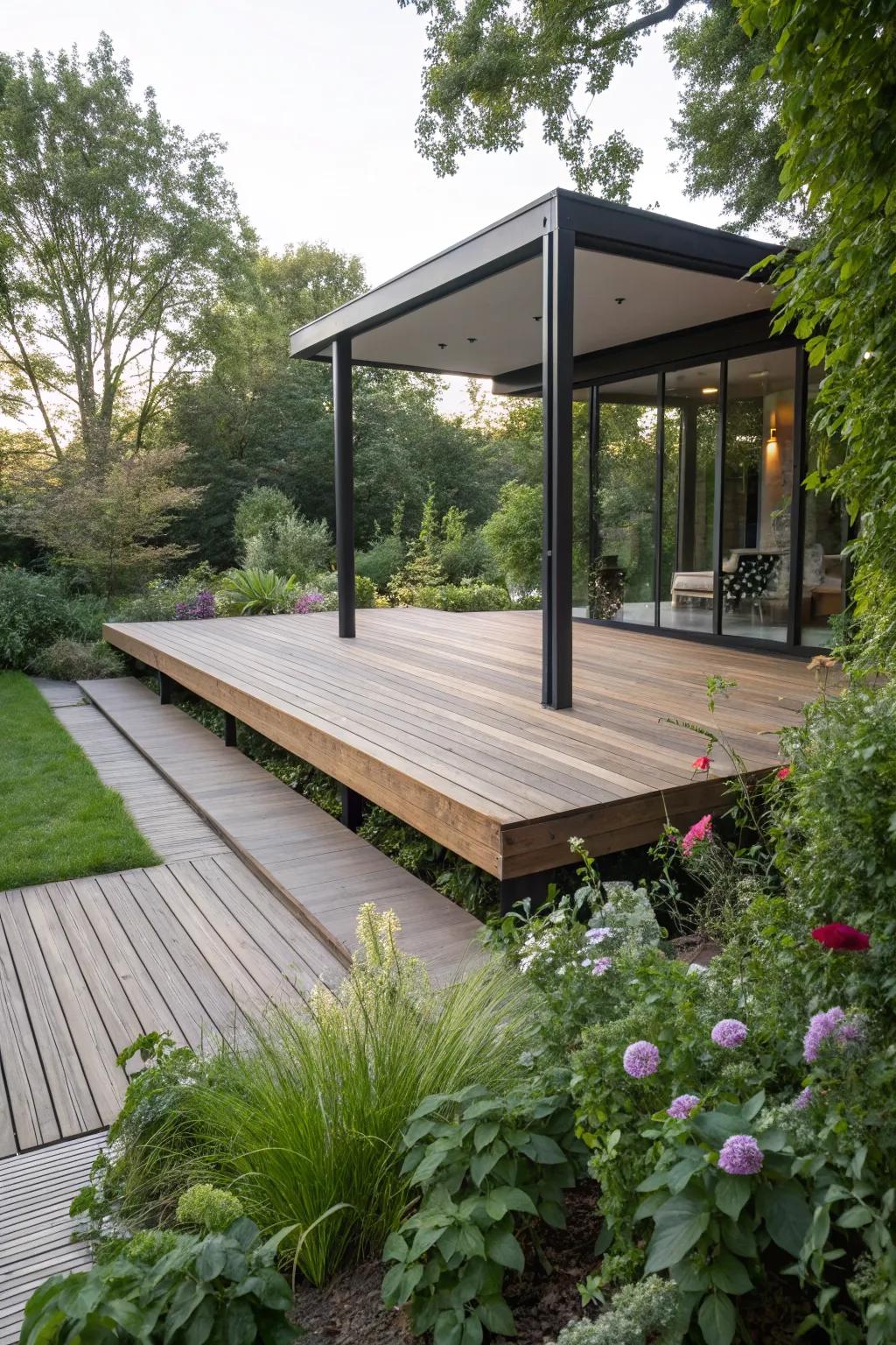 A sleek floating wooden patio deck seamlessly integrated into a garden.