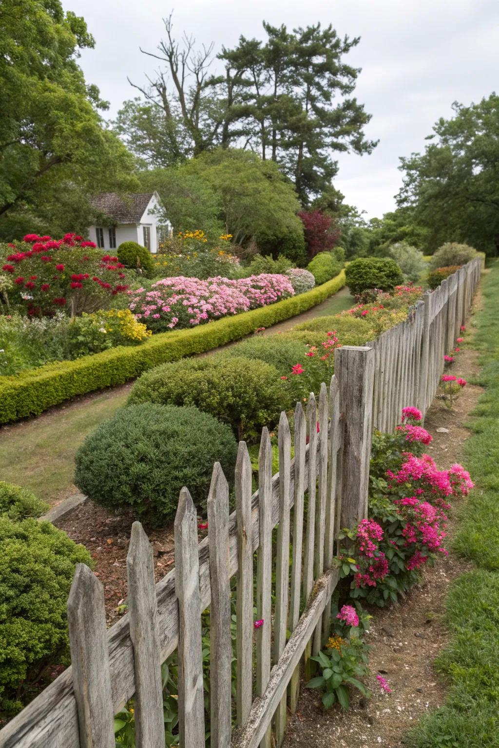 Layered landscaping adds depth to this charming picket fence.