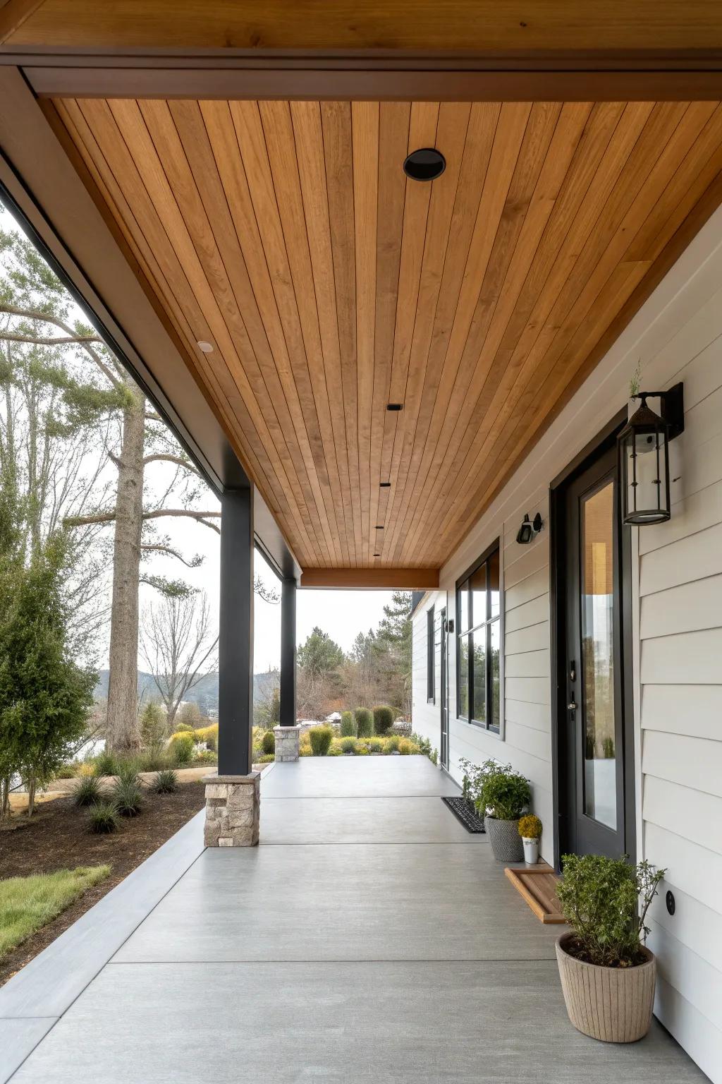 Minimalist wood ceiling offers sleek modernity.