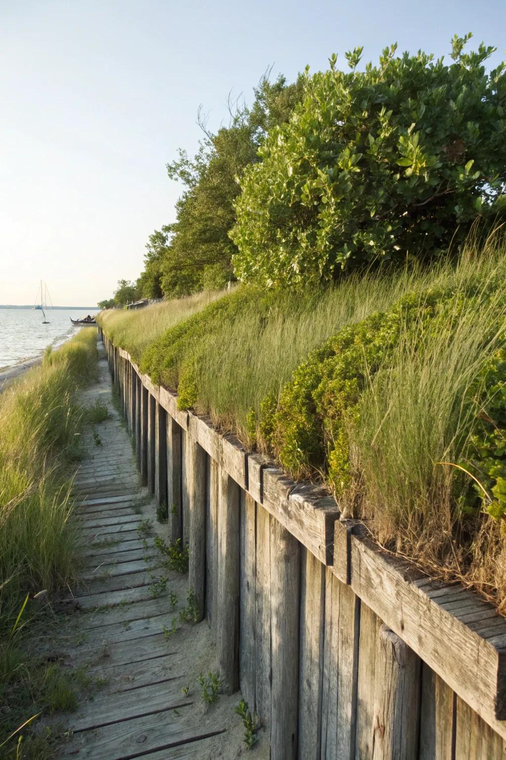 A protective plant barrier adds privacy and natural erosion control to this seawall.