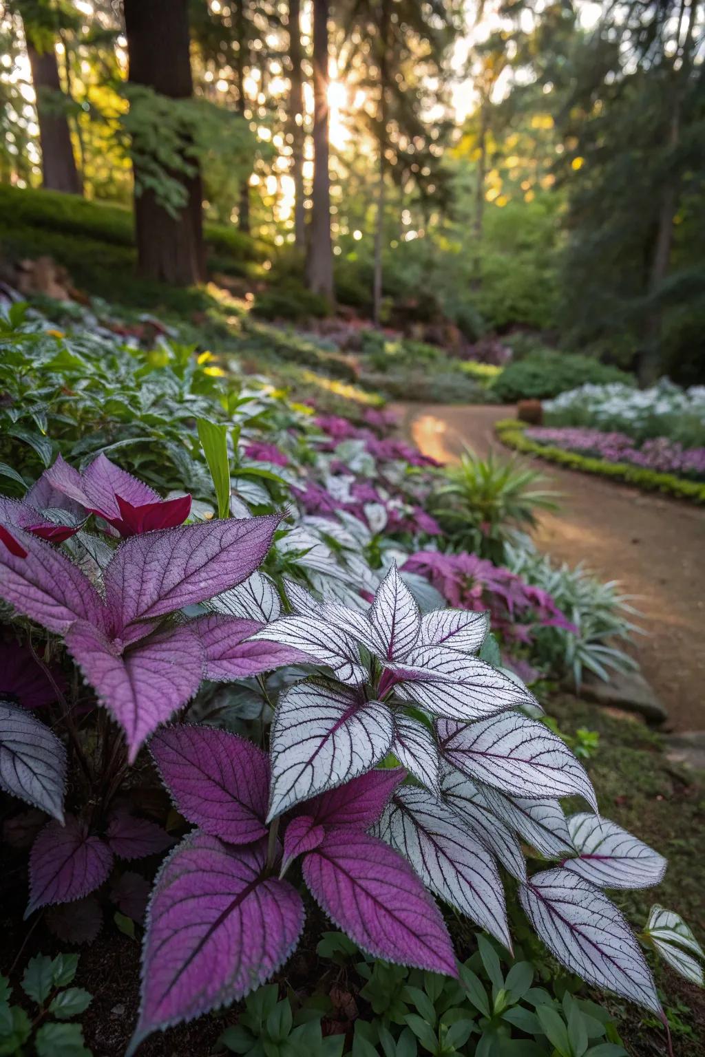 Colorful foliage with purple and silver leaves brightens shaded areas.