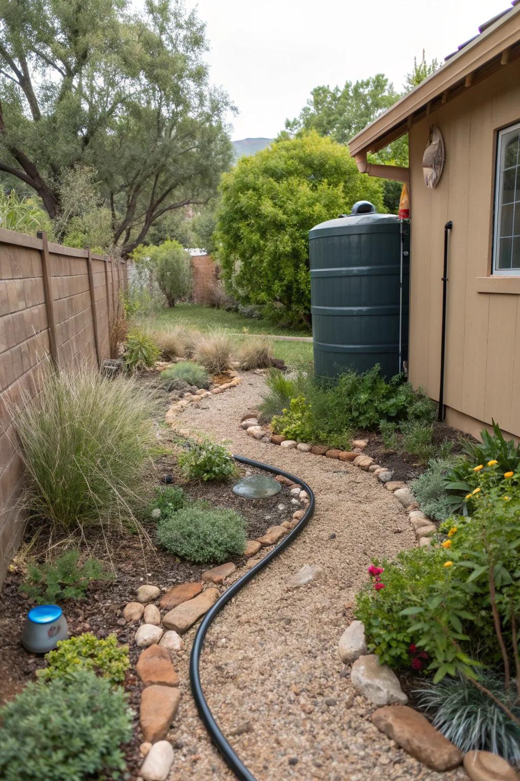 Rainwater harvesting supports this xeriscape garden's sustainability.