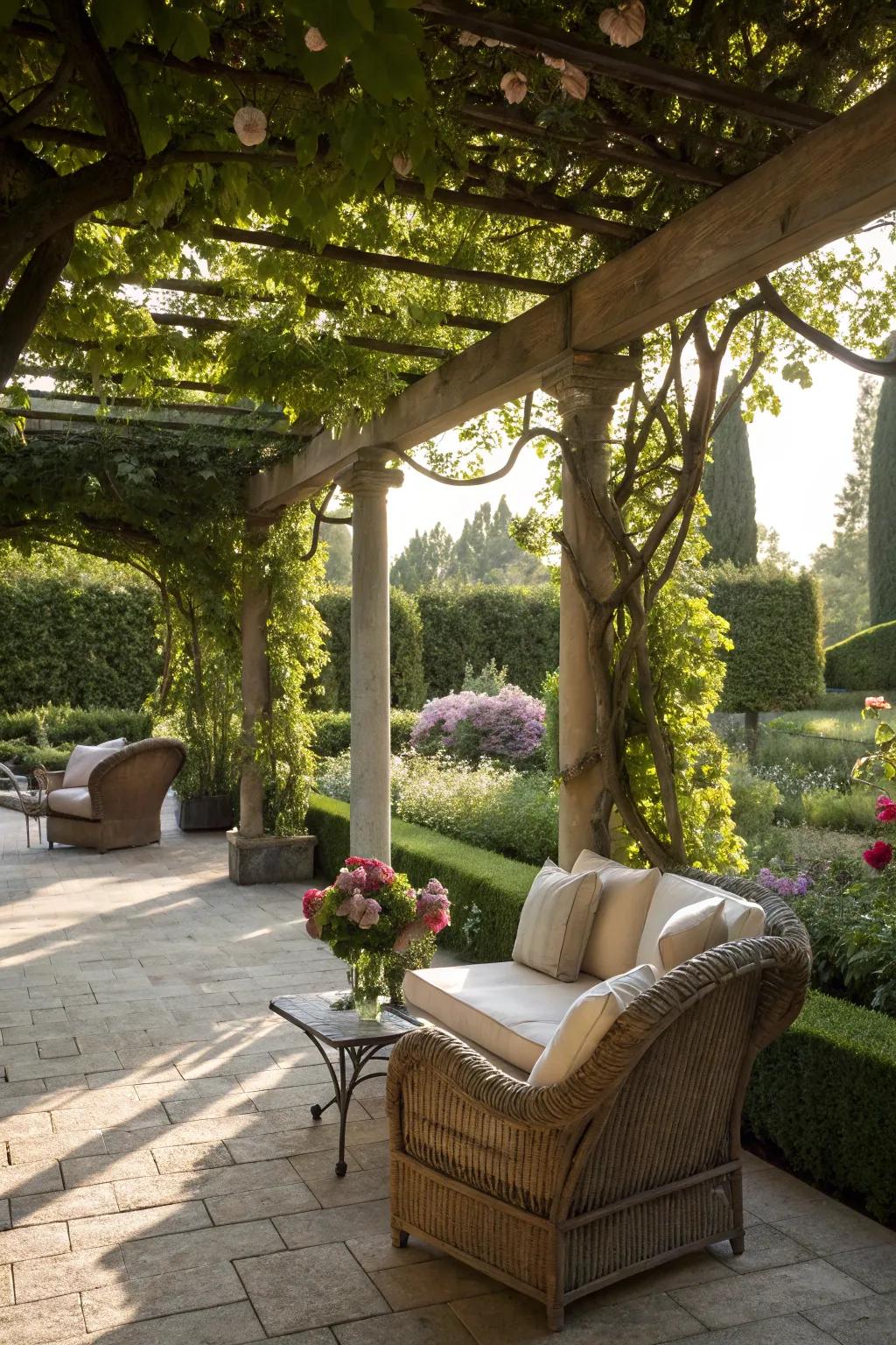 Find balance under a zen pergola.