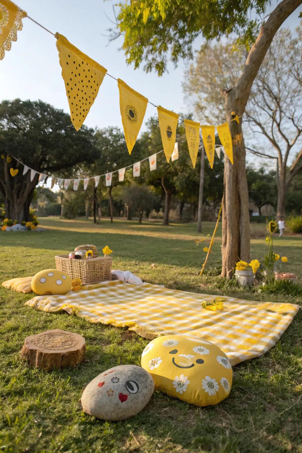 Charming sustainable yellow decor that enhances the picnic setting.