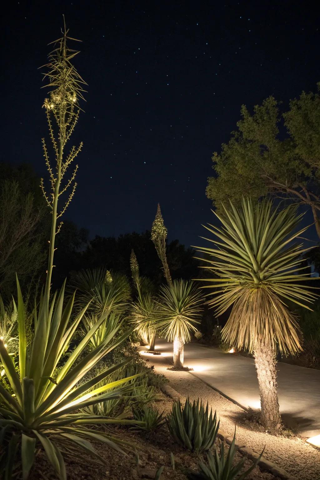 Yucca plants beautifully lit in a nighttime garden.