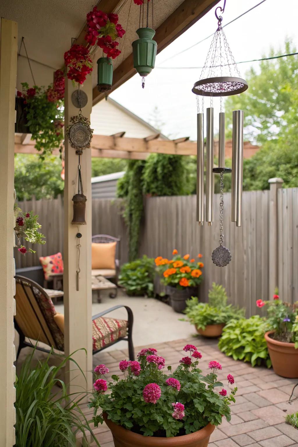Wind chimes add whimsy and sound to a patio.