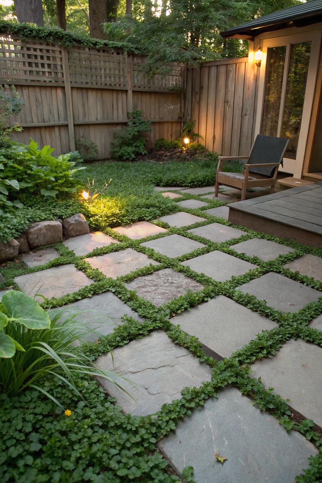 Floating stone illusion for a magical garden path.