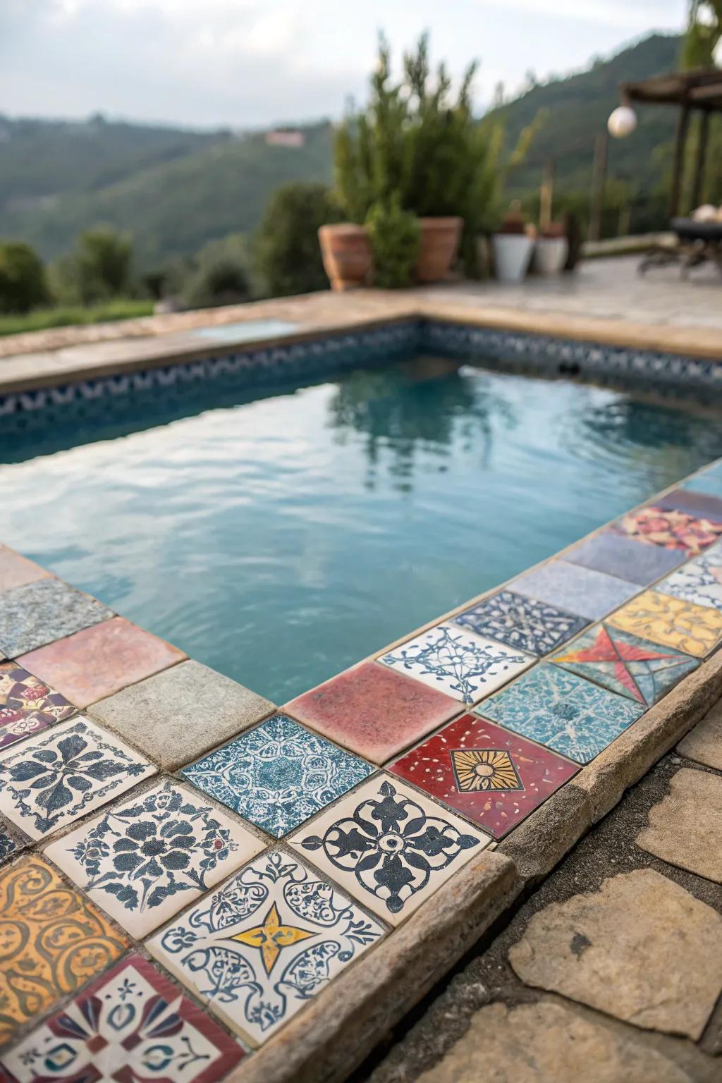 A pool with a unique eclectic mix of tile textures.