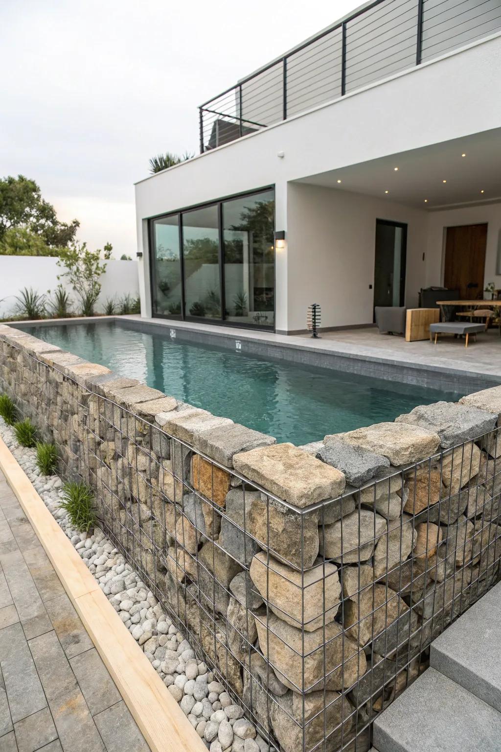 Gabion walls offer a modern, industrial edge to your pool area.