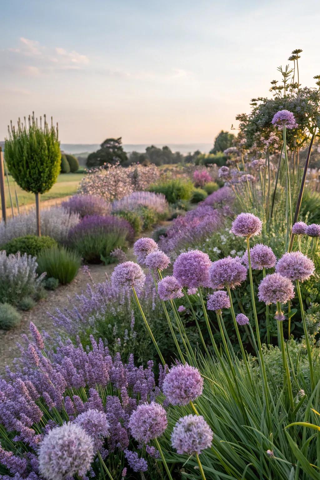 A fragrant garden featuring alliums and aromatic herbs.