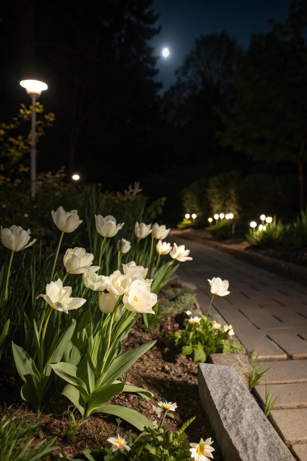 Enchanting nighttime glow with reflective white blooms.