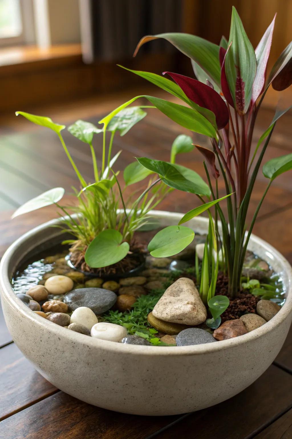 Create a serene indoor oasis with aquatic plants.