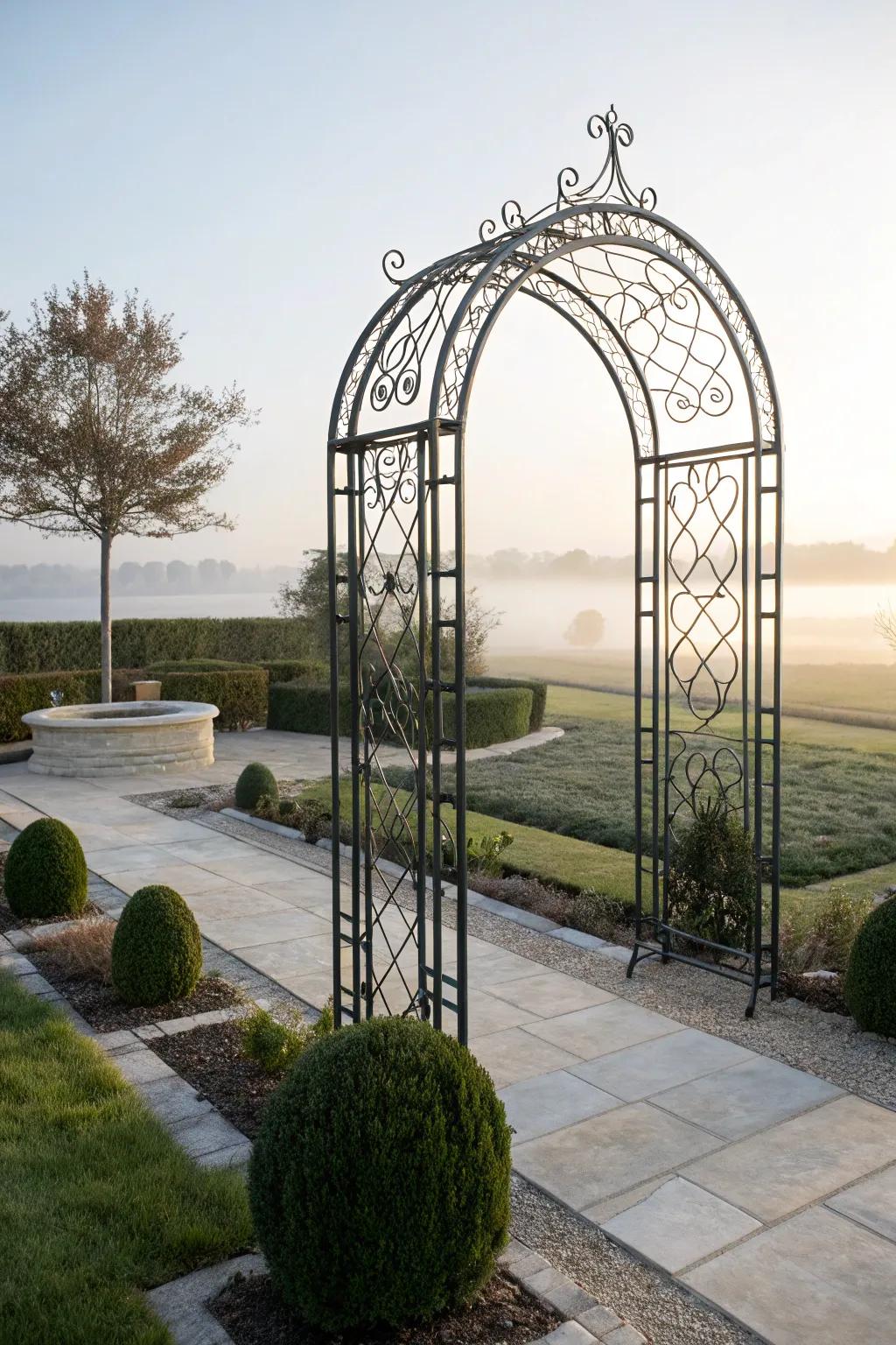 A sculptural wrought iron trellis in a minimalist garden.
