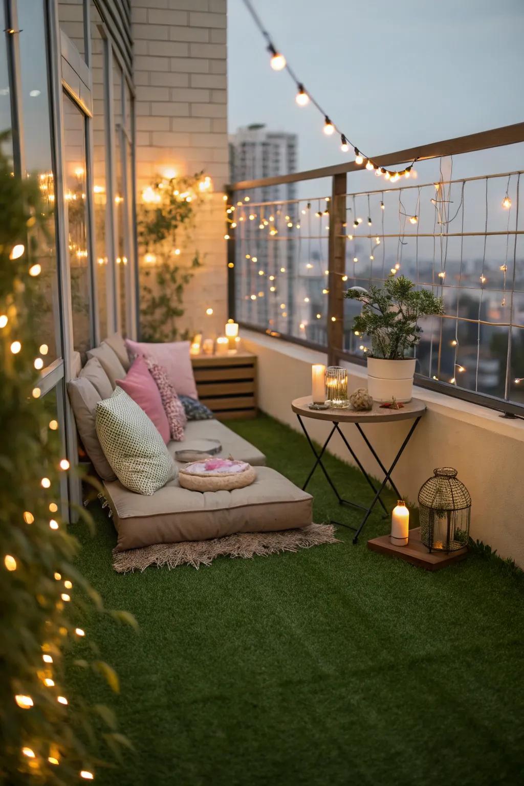 Create a romantic evening retreat with artificial grass and soft lighting.