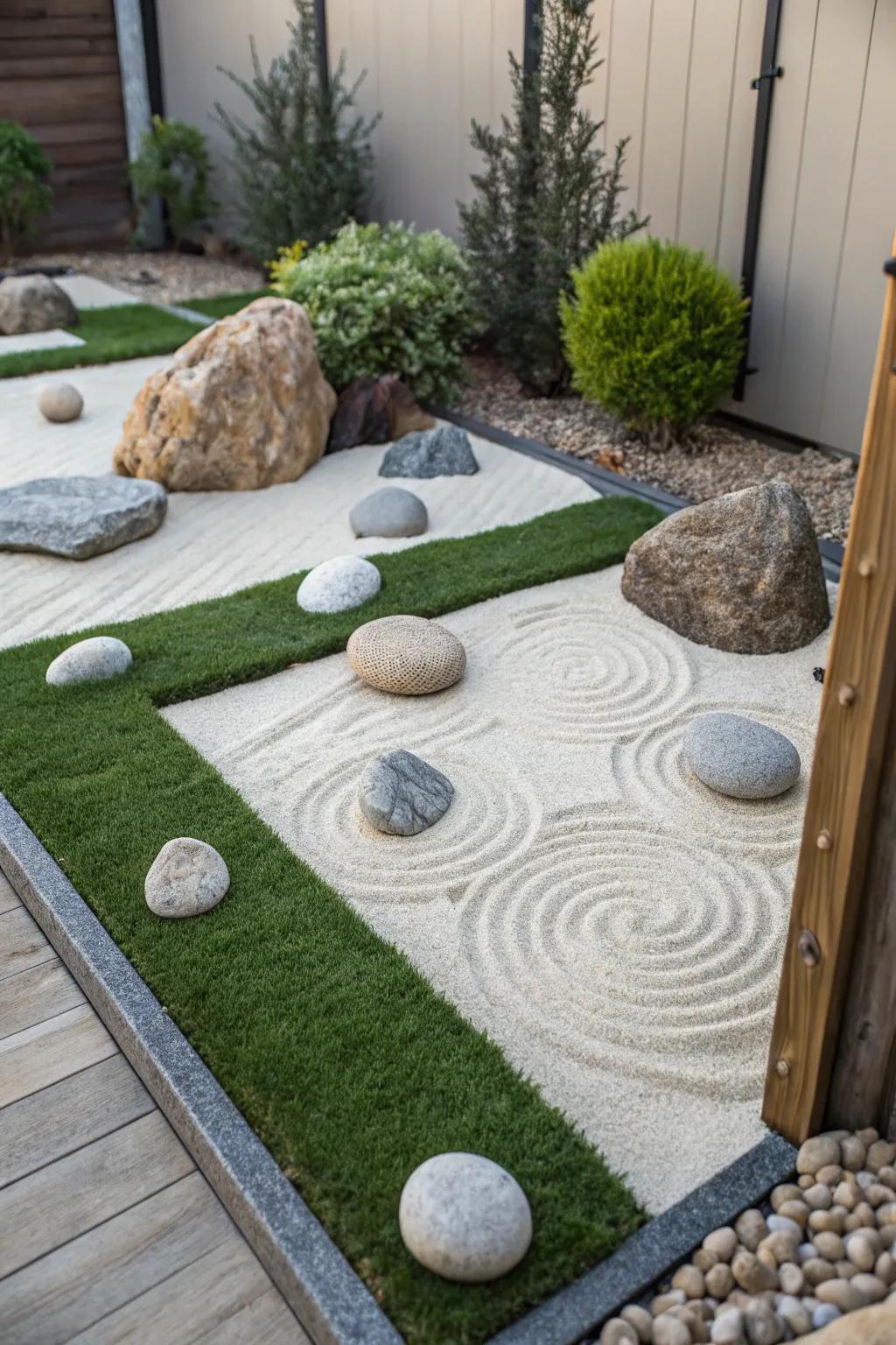 A Zen garden corner brings peace and tranquility to your artificial grass yard.