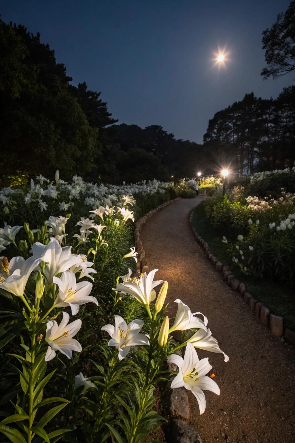 White Asiatic lilies creating magic in a night garden.