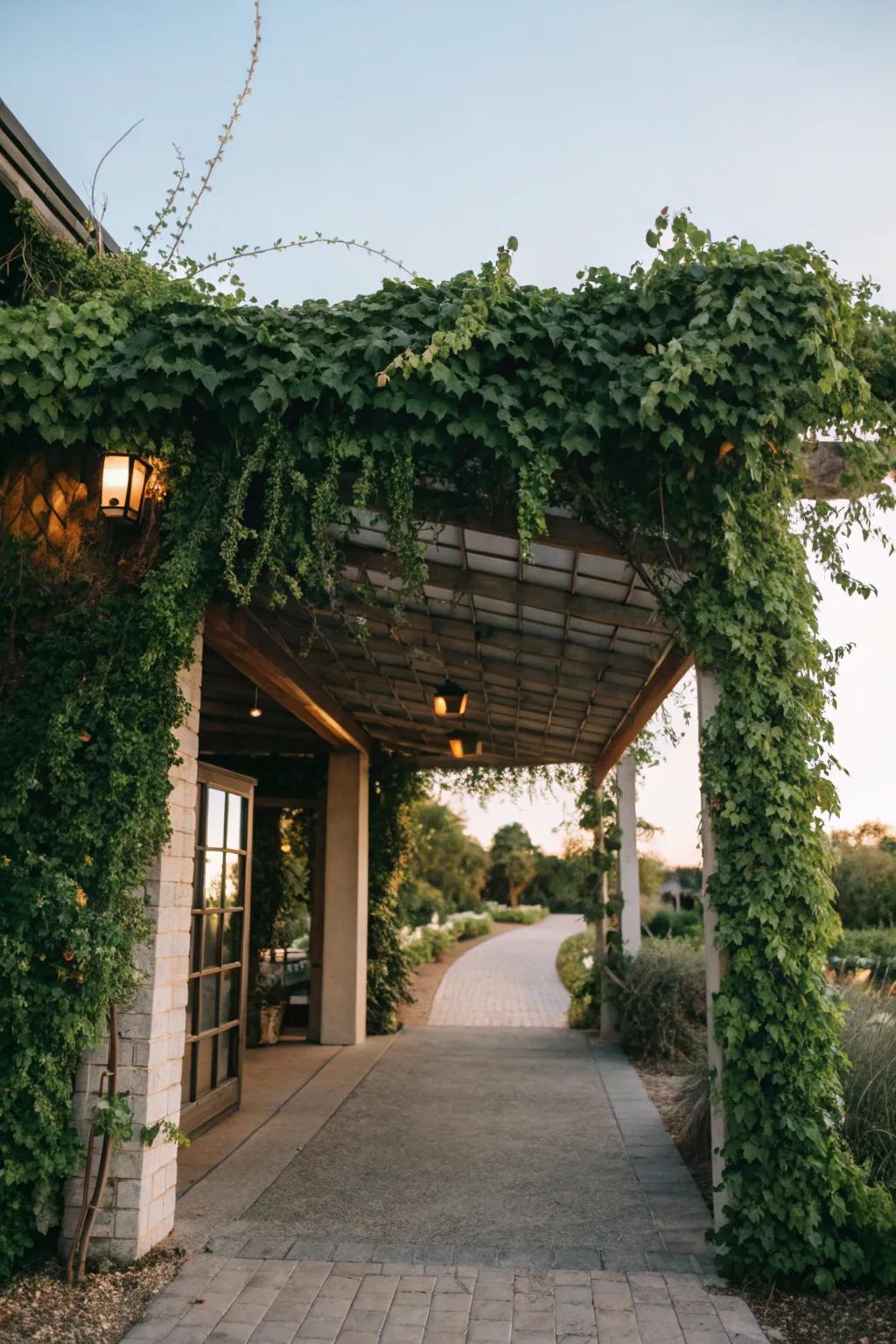 Trellis awnings with vines offer a lush, green welcome.