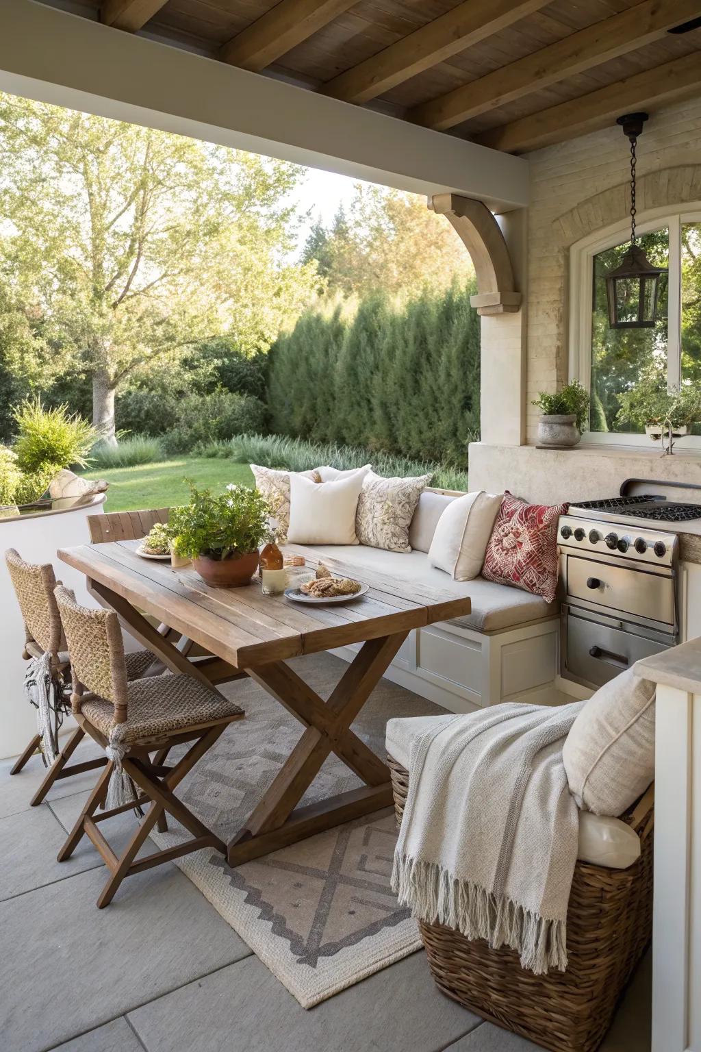 A cozy nook provides a quiet retreat in this inviting back patio kitchen.