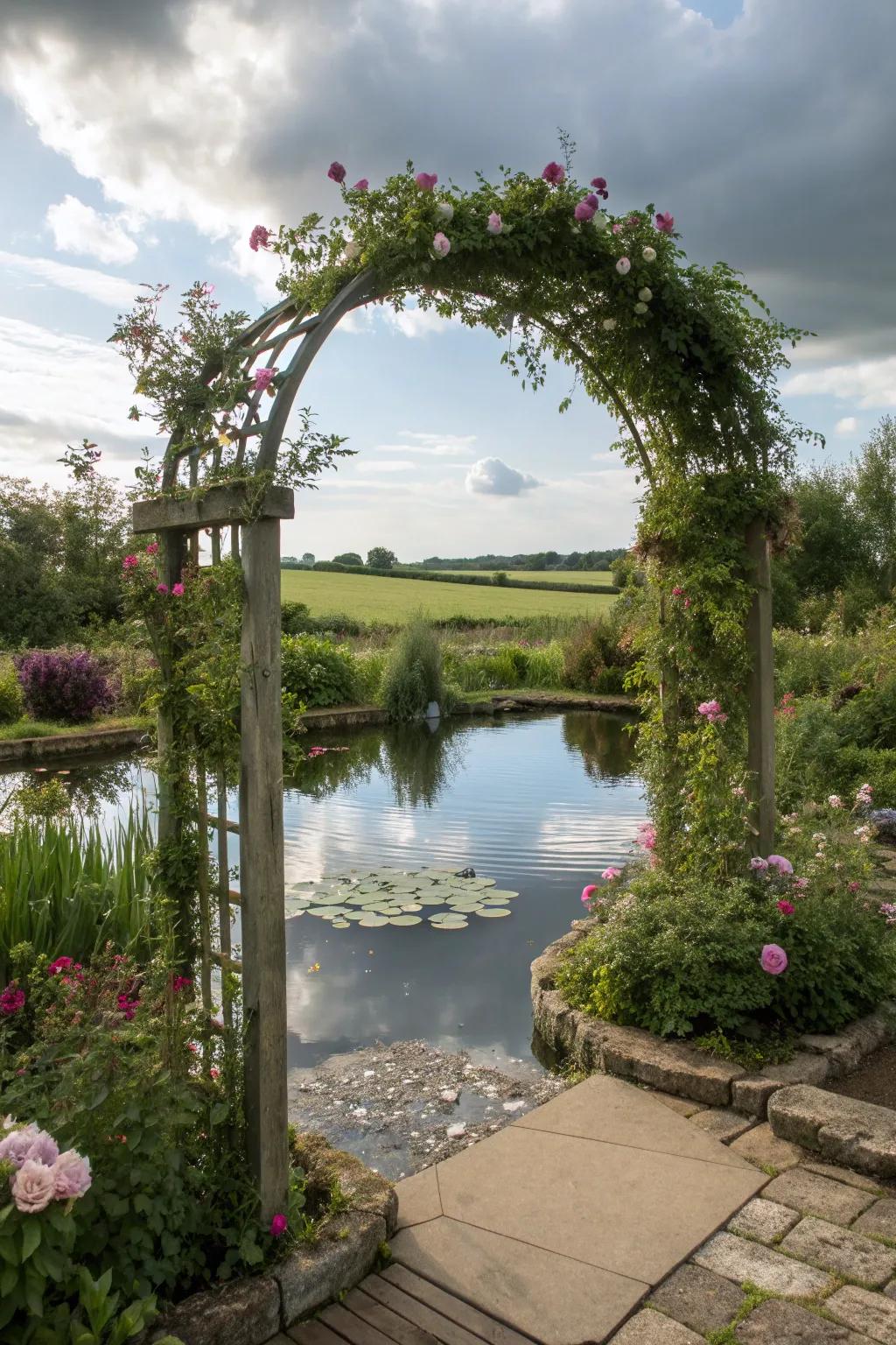 Arches over water features create a tranquil garden ambiance.