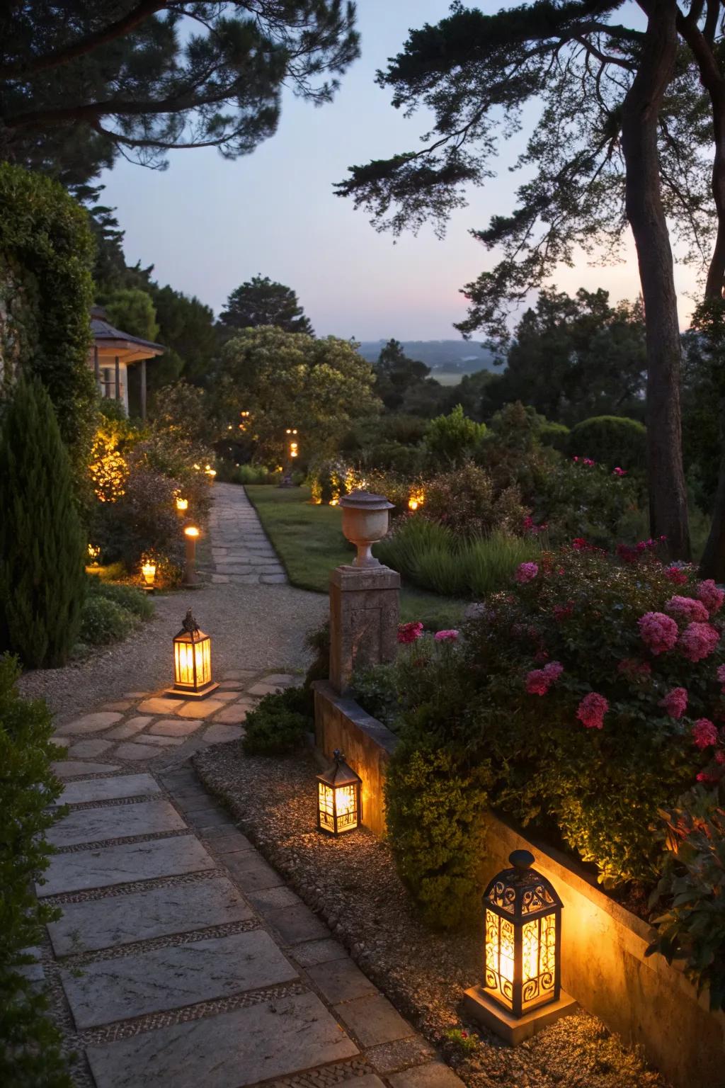 Evening garden ambiance with magical lighting.