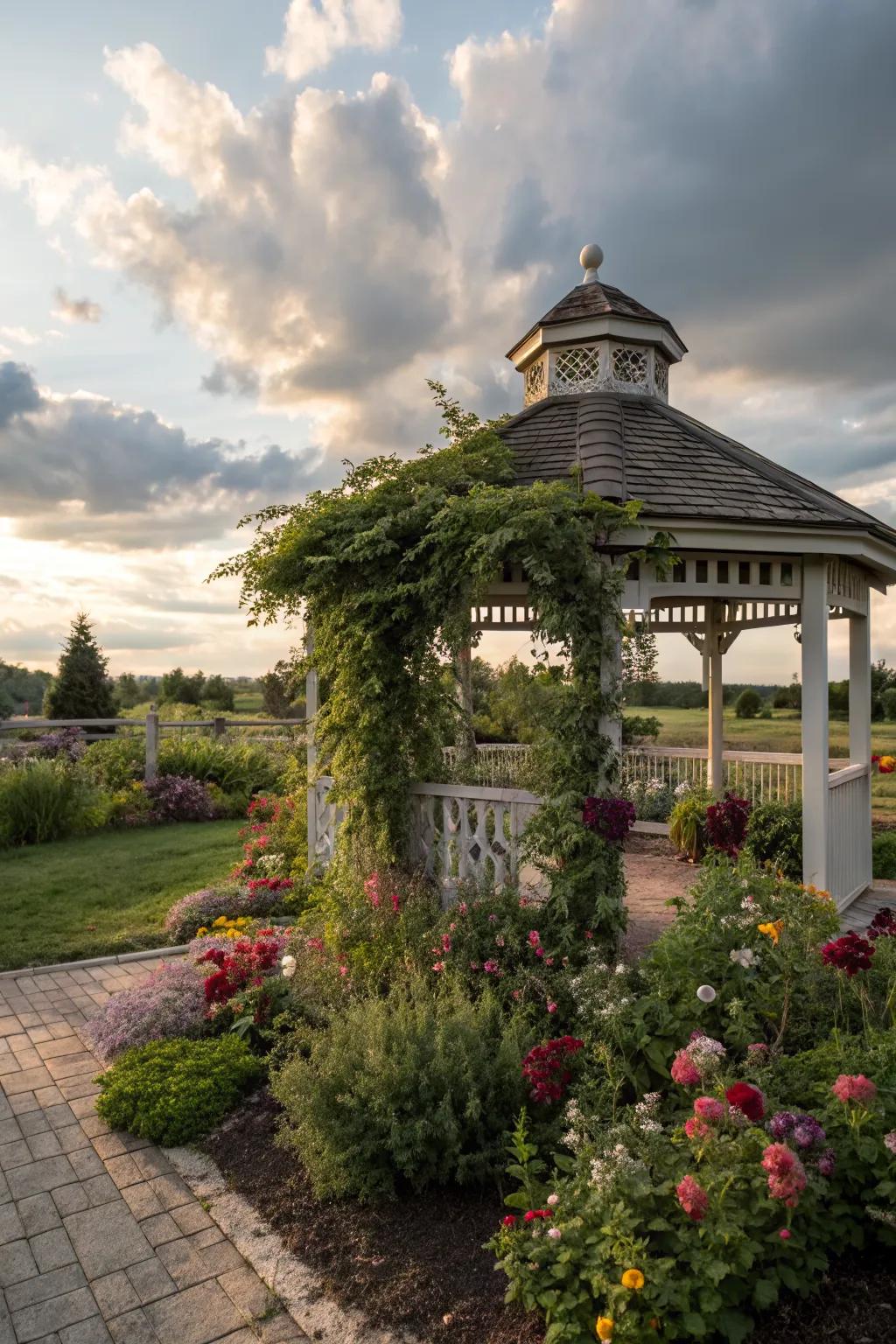 A small garden adds color and fragrance to this gazebo retreat.