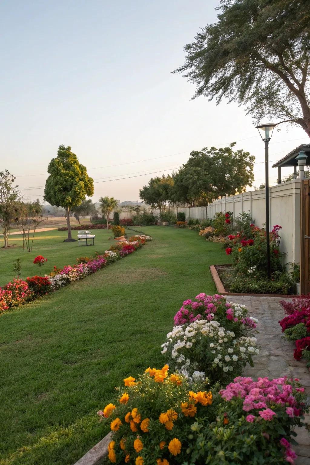 Flower borders add vibrant color to grassy landscapes.