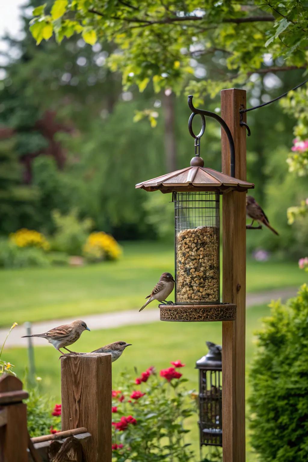 A bird feeder station brings life and song to the garden.