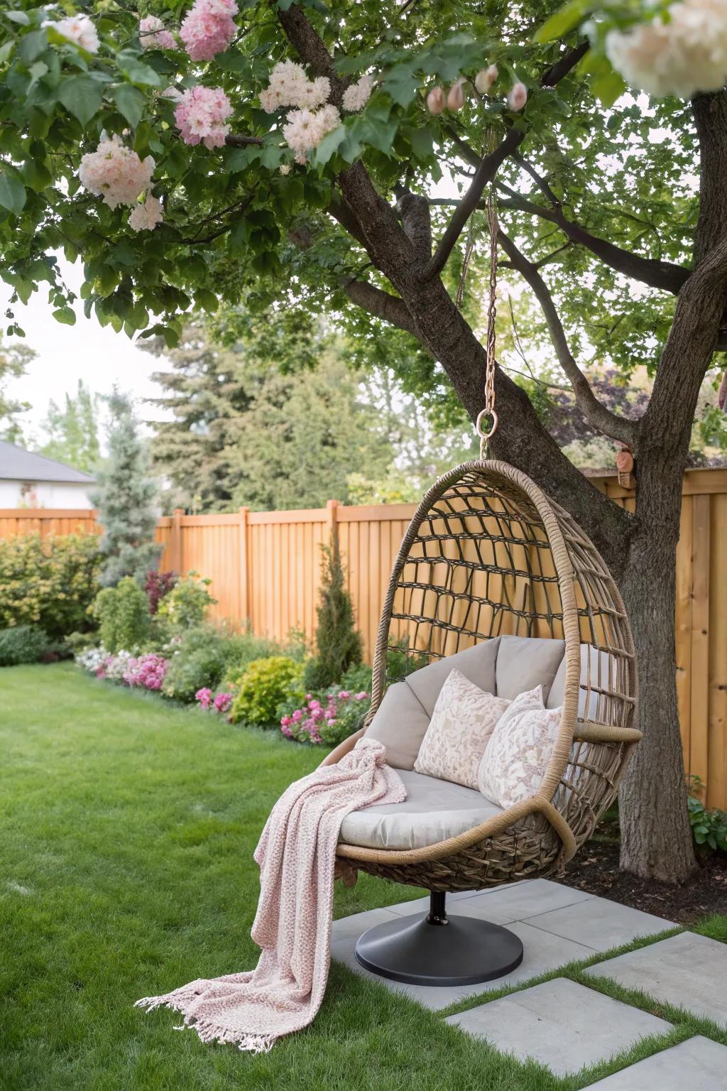 A hanging chair offers a fun and cozy seating option.