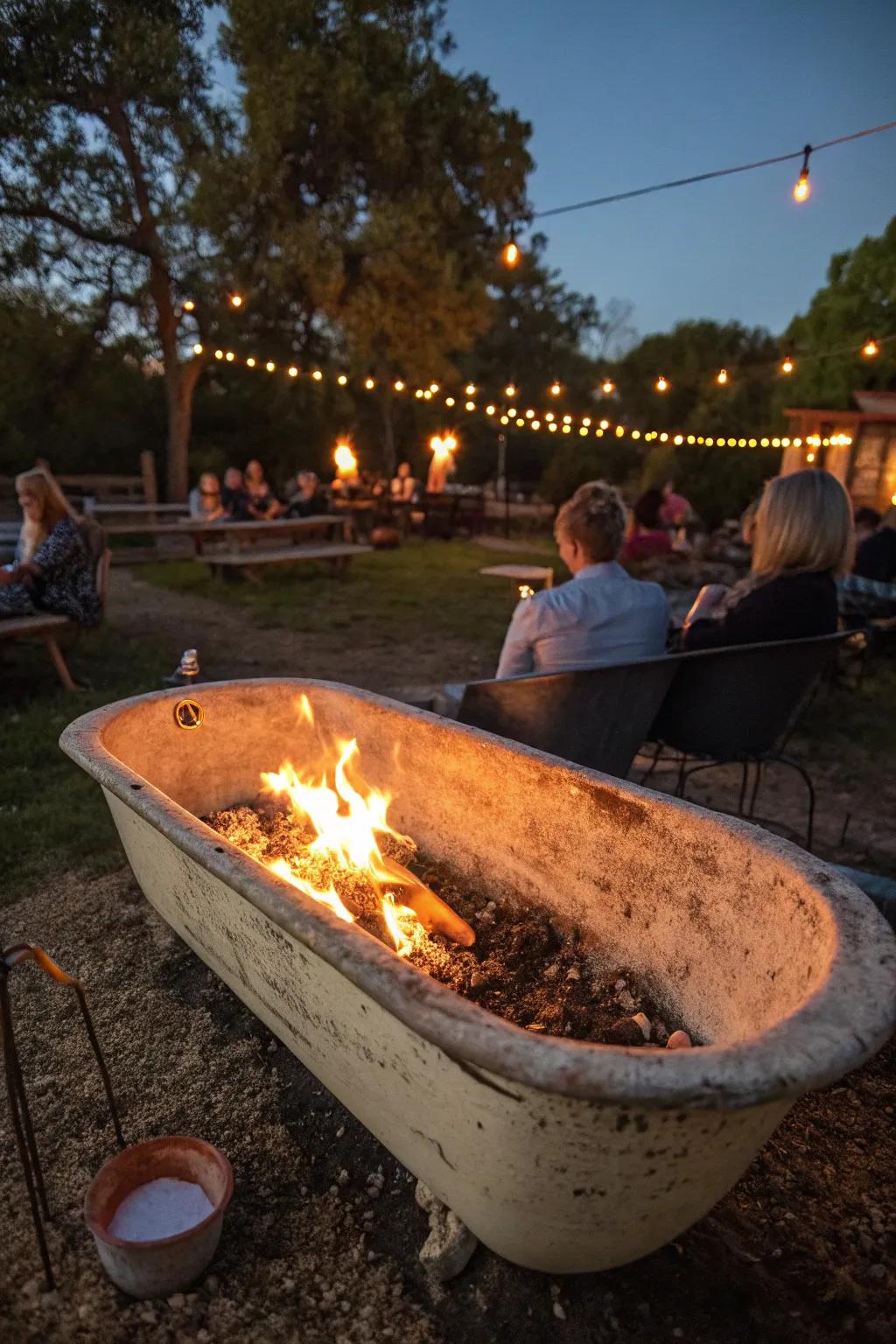 A unique fire pit made from an old bathtub.