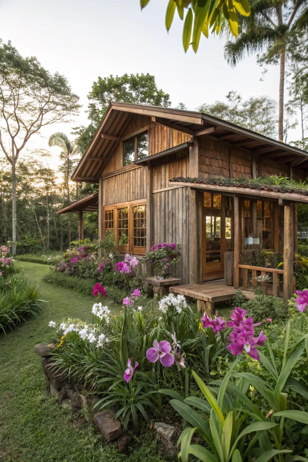 Eco-friendly materials enhancing the orchid house's earthy appeal.