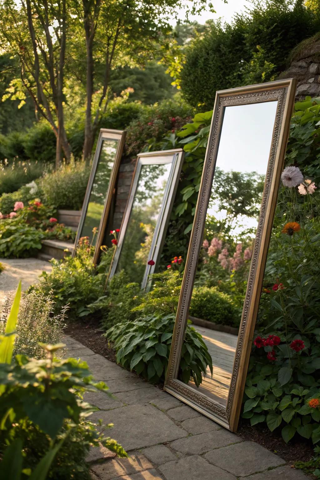 Garden mirrors enhance space by reflecting light and foliage.