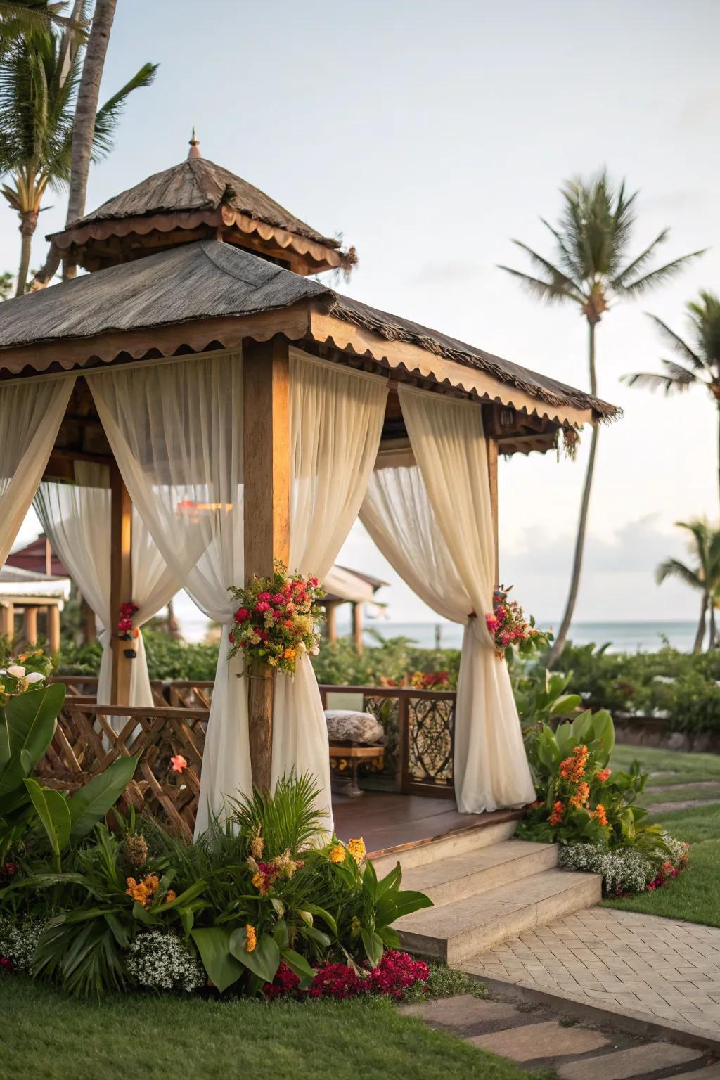 A tropical-inspired cabana-style gazebo.