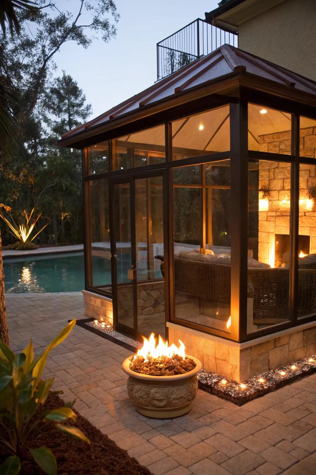 An enclosed fire pit pavilion provides year-round warmth and charm.
